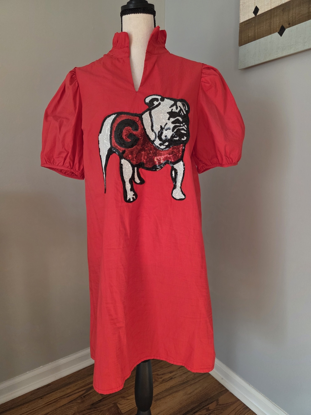 Red Bulldog Sequin Patch Puff Sleeve Dress